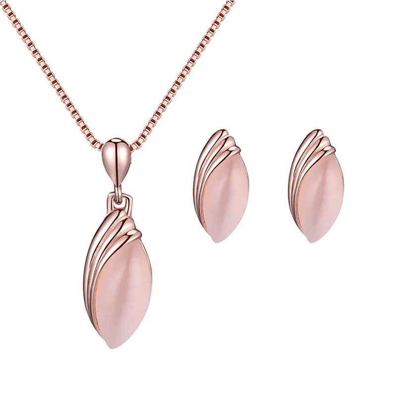 Women's Leaf Shape Opal Decor Alloy Box Chain Pendant Necklace Earrings Set