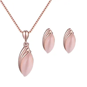 Women's Leaf Shape Opal Decor Alloy Box Chain Pendant Necklace Earrings Set