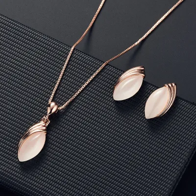 Women's Leaf Shape Opal Decor Alloy Box Chain Pendant Necklace Earrings Set