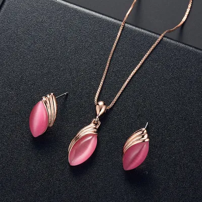 Women's Leaf Shape Opal Decor Alloy Box Chain Pendant Necklace Earrings Set