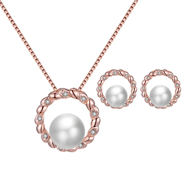 Inlaid Drill Pearl Pendant Necklace And Earrings Set For Women