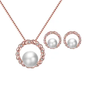 Inlaid Drill Pearl Pendant Necklace And Earrings Set For Women
