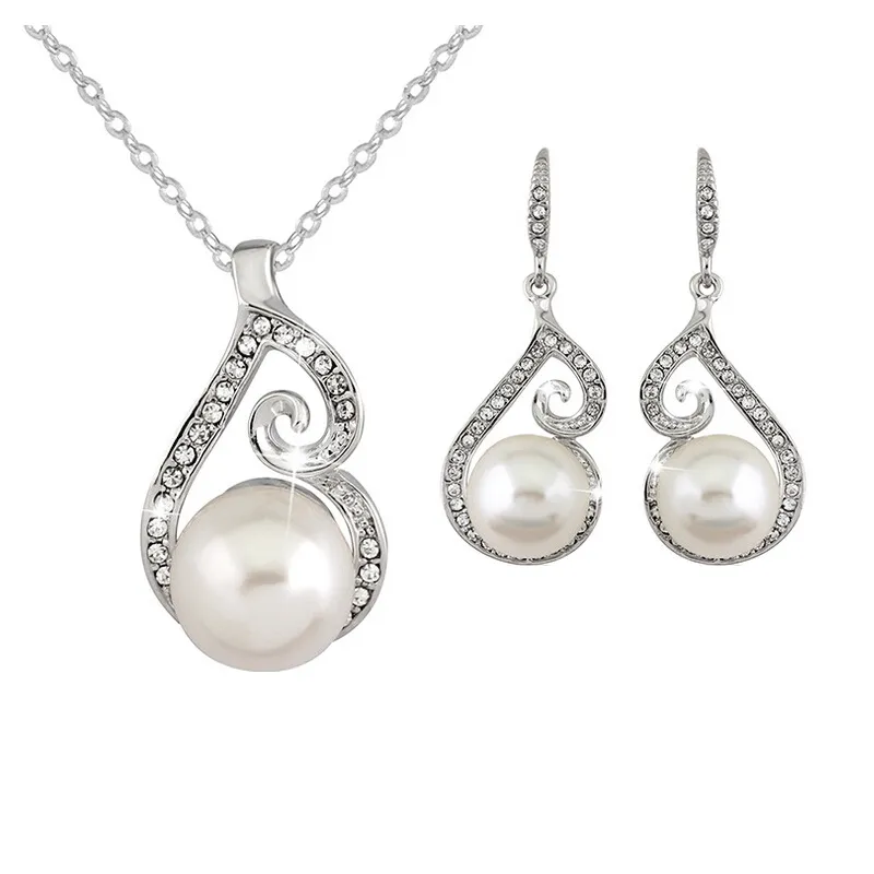Simple Teardrop Pearl Pendant Necklace Earrings Set for Women