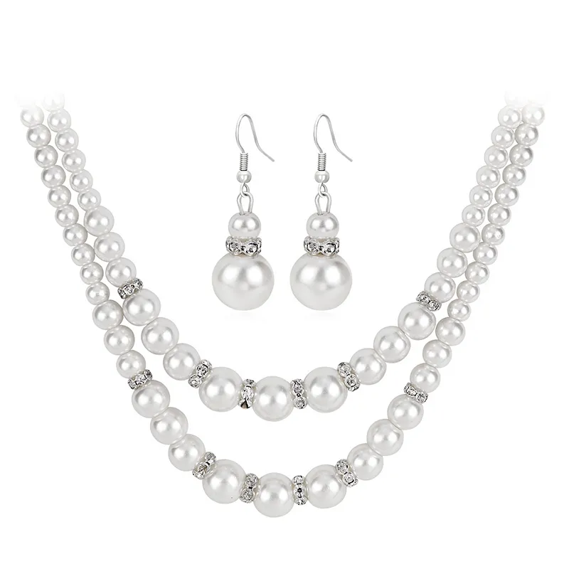 Fashion Multilayer Inlaid Pearl Necklace Earrings Set for Women Alloy Geometric