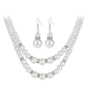 Fashion Multilayer Inlaid Pearl Necklace Earrings Set for Women Alloy Geometric