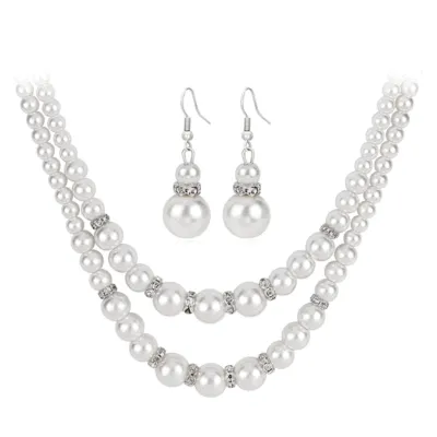 Fashion Multilayer Inlaid Pearl Necklace Earrings Set for Women Alloy Geometric