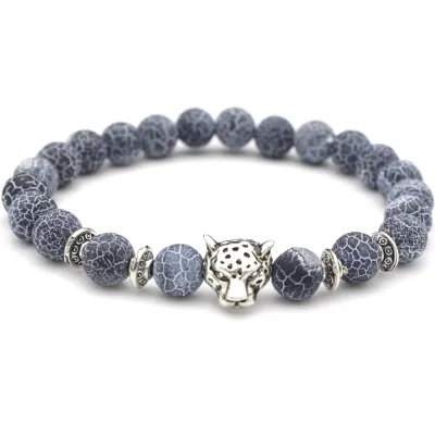 Fashion Metal Leopard Head Decor Agate Strand Unisex Bracelet