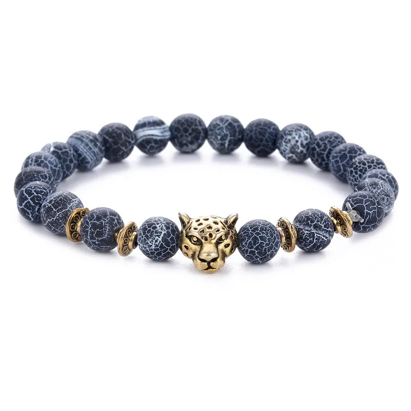 Fashion Metal Leopard Head Decor Agate Strand Unisex Bracelet