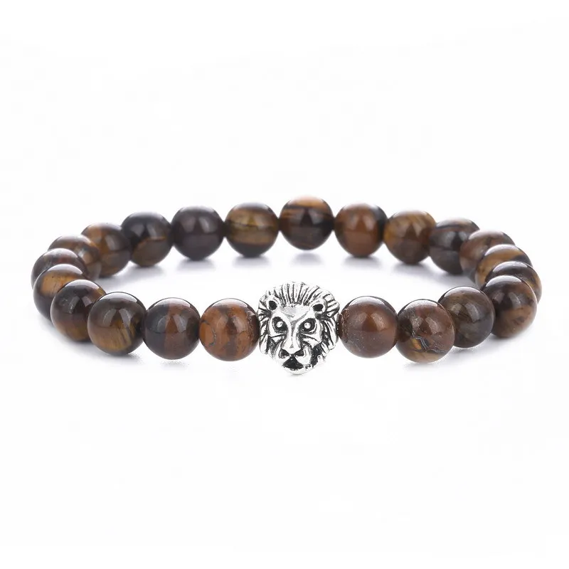 Hand Beaded Bracelet With Lion Head Decor Unisex Tiger Eye Stone