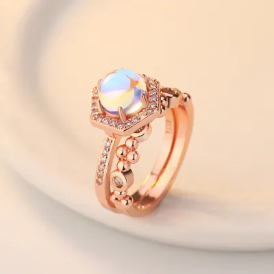 Creative Design Inlaid Moonstone Geometric Copper Ring for Women