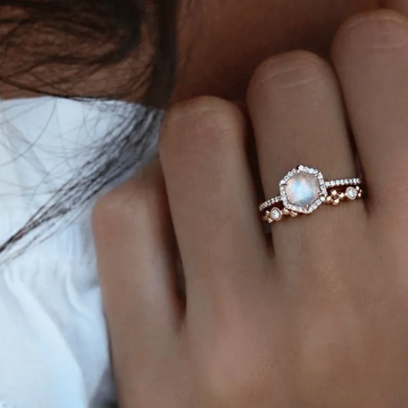 Creative Design Inlaid Moonstone Geometric Copper Ring for Women