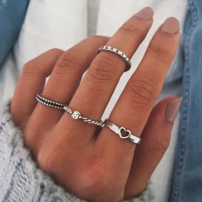 Simple Love Heart Inlaid Drill Ring Set for Women