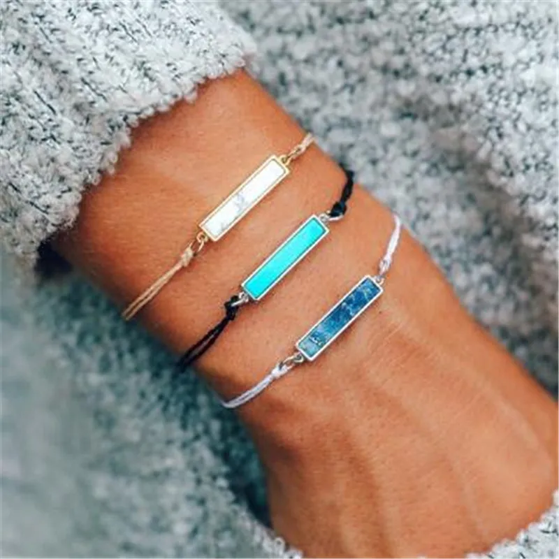 Vintage Square Turquoise Hand Woven Bracelet Set for Women