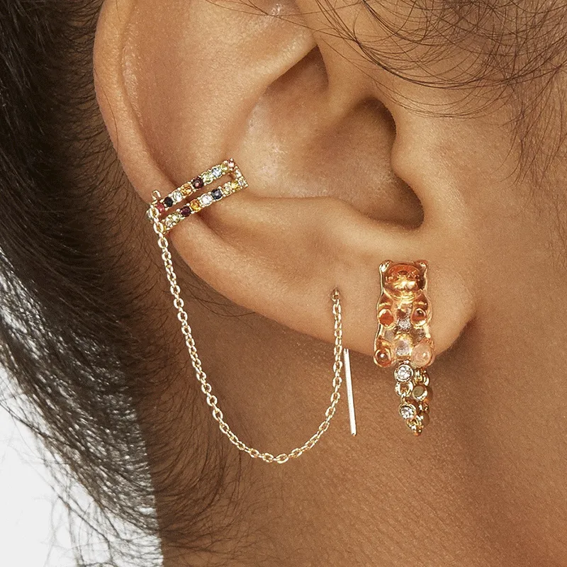 Fashion Rhinestone Ear Clip Metal Chain Decor Earrings