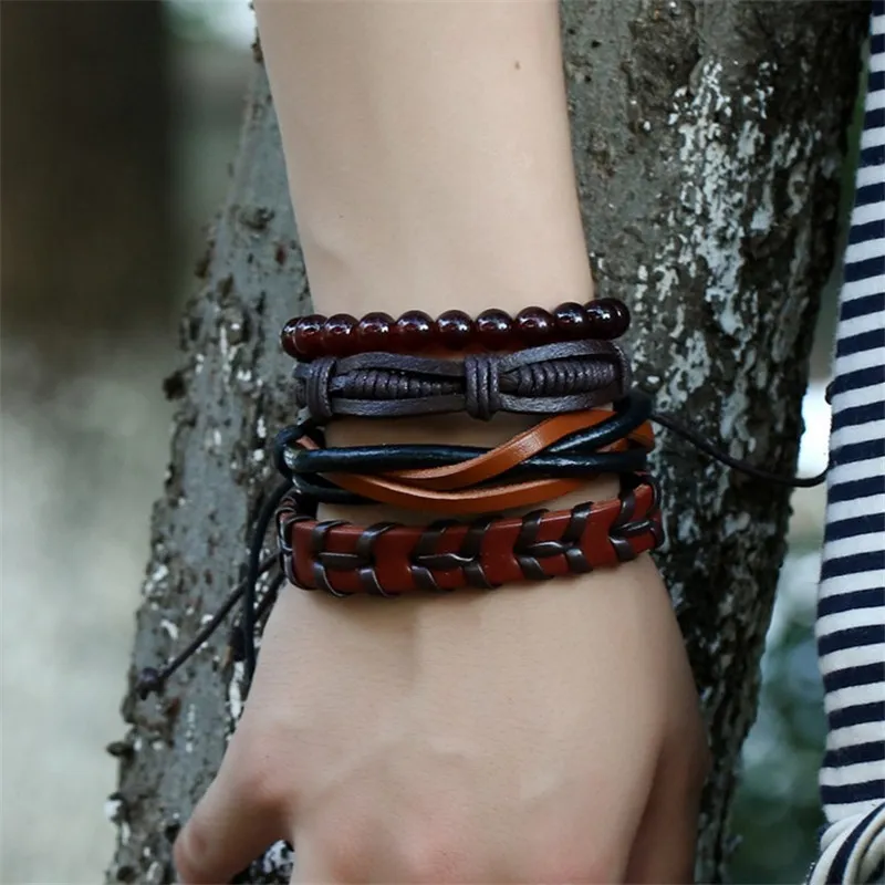 Vintage Woven PU Leather Unisex Bracelet Set