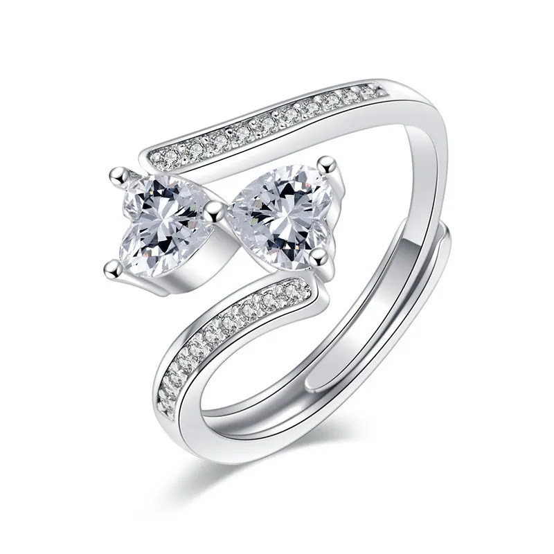 Double Heart Shape Inlaid Drill Open Ring for Women