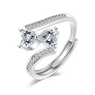 Double Heart Shape Inlaid Drill Open Ring for Women