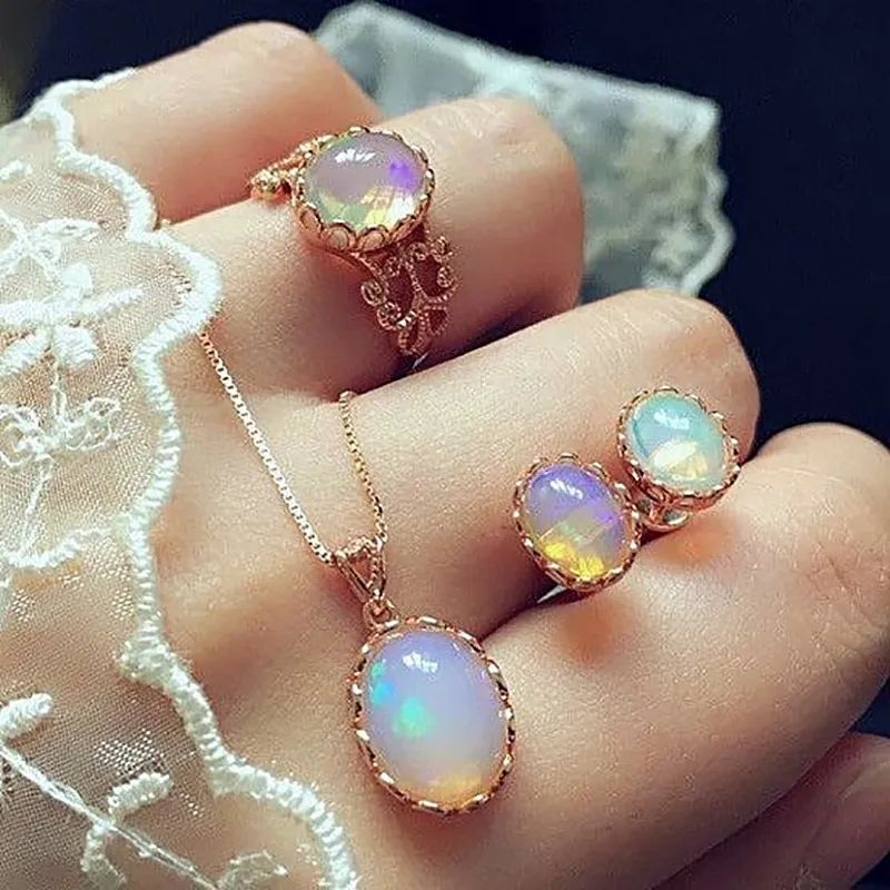 Dazzling Oval Gem Alloy Women's Geometric Necklace Earrings Ring Set