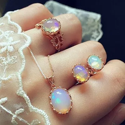 Dazzling Oval Gem Alloy Women's Geometric Necklace Earrings Ring Set