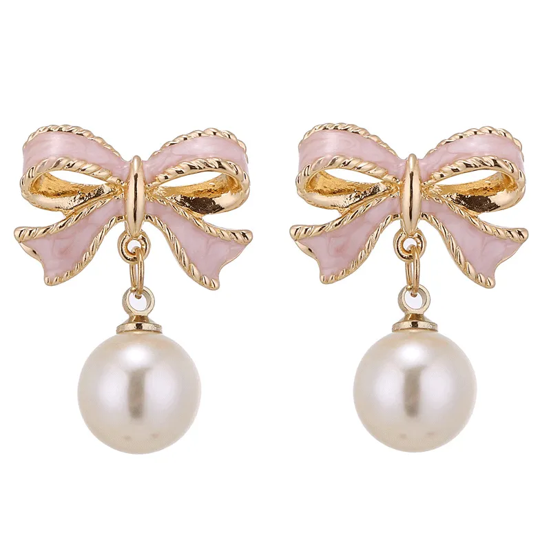 Lovely Dripping Oil Bowknot Pearl Pendant Earrings for Women Alloy
