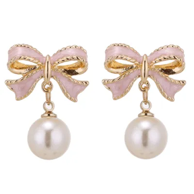 Lovely Dripping Oil Bowknot Pearl Pendant Earrings for Women Alloy