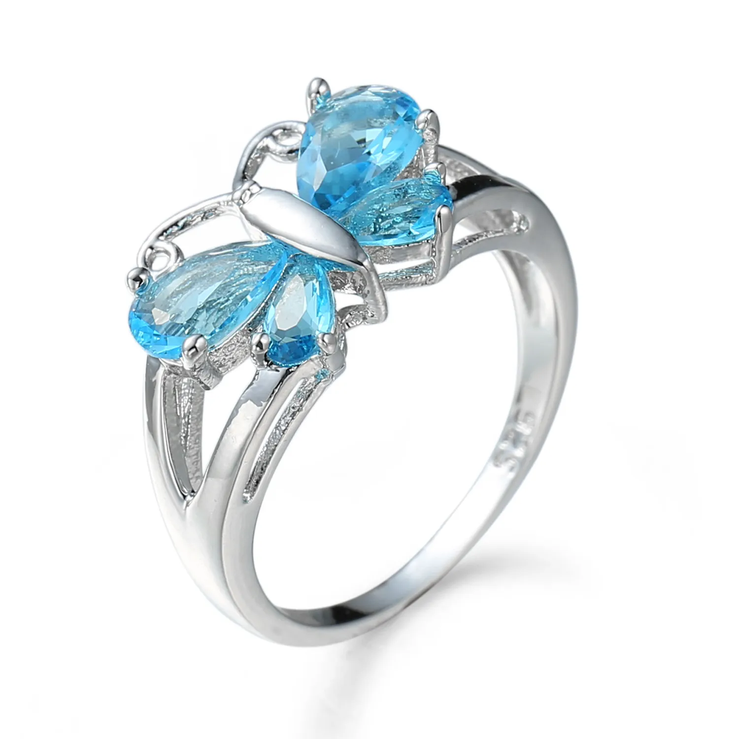 Creative Butterfly Design Blue Zircon Copper Ring Unisex