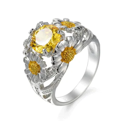 Creative Sunflower Pattern Yellow Crystal Decor Ring for Unisex