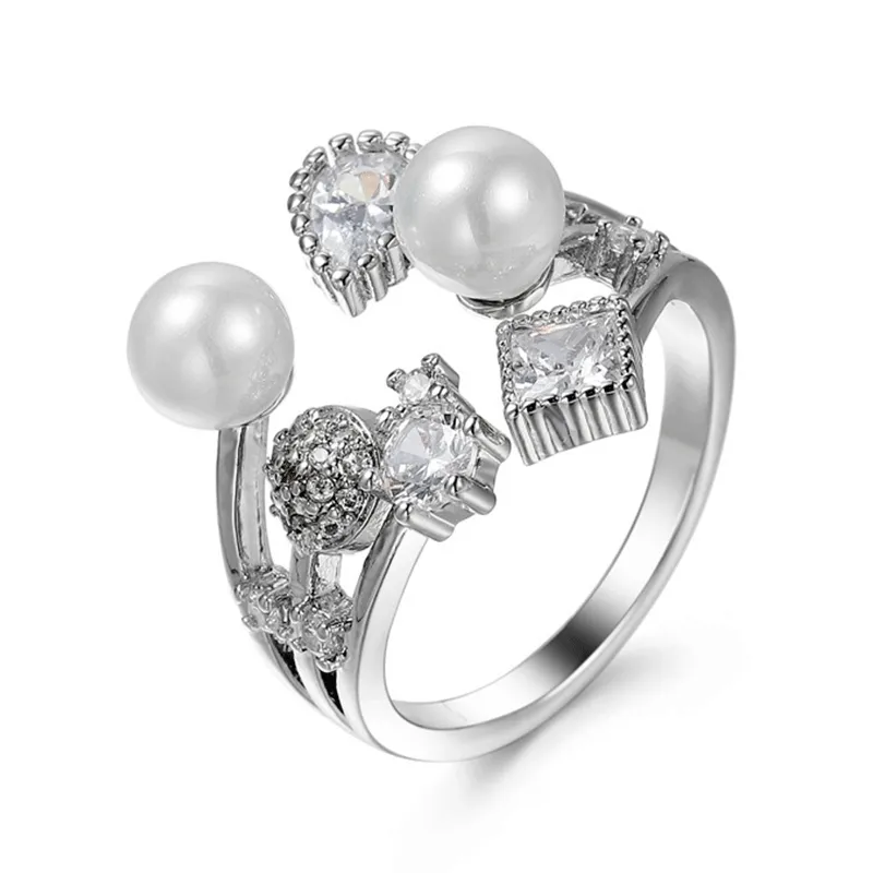 Creative Geometric Open Ring with Pearl Rhinestone Decor Copper Unisex Jewelry