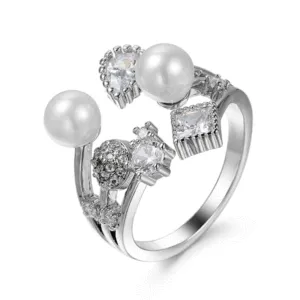 Creative Geometric Open Ring with Pearl Rhinestone Decor Copper Unisex Jewelry