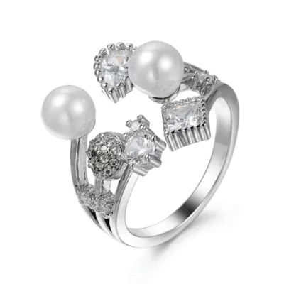 Creative Geometric Open Ring with Pearl Rhinestone Decor Copper Unisex Jewelry