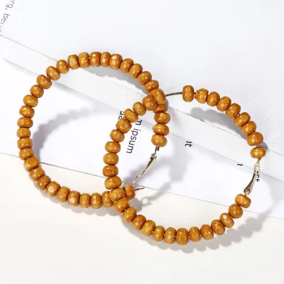 Creative Manual Wooden Beaded Hoop Earrings for Women