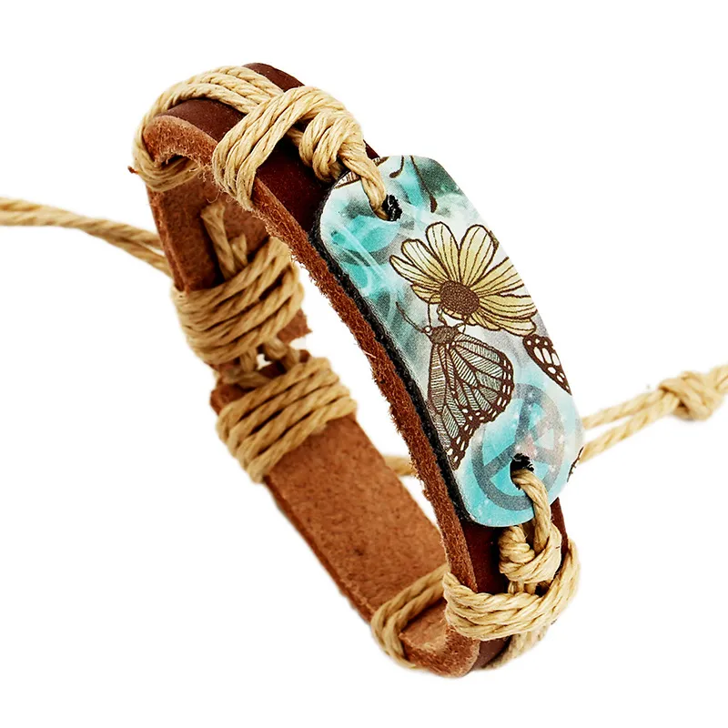 Wholesale Butterfly Flower Print PU Hemp Rope Bracelet For Women Fashion