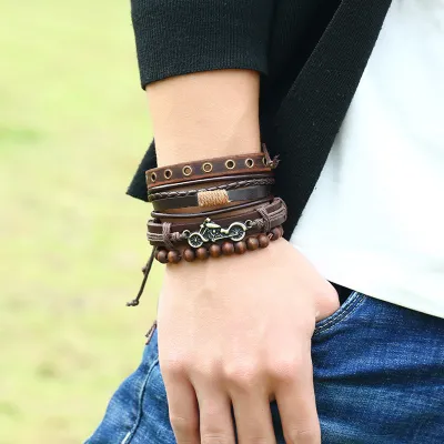 Vintage Woven Metal Motorbike PU Bracelet Set