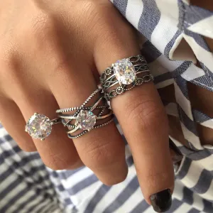 Vintage Hollow Out Inlaid Crystal Gem Ring Set