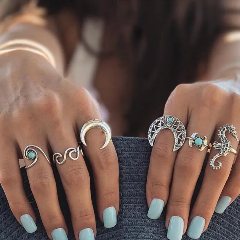 Seahorse Moon Turquoise Ring Set