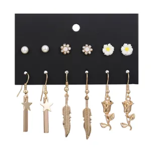 Pearl Flower Leaves Pendant Earring Set Women Alloy Geometric Earrings