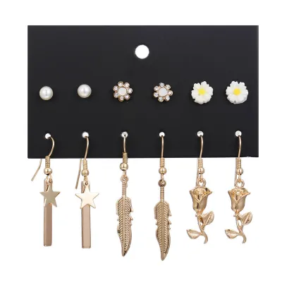 Pearl Flower Leaves Pendant Earring Set Women Alloy Geometric Earrings