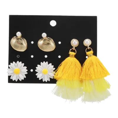 Flower Yellow Tassel Earring Set for Women