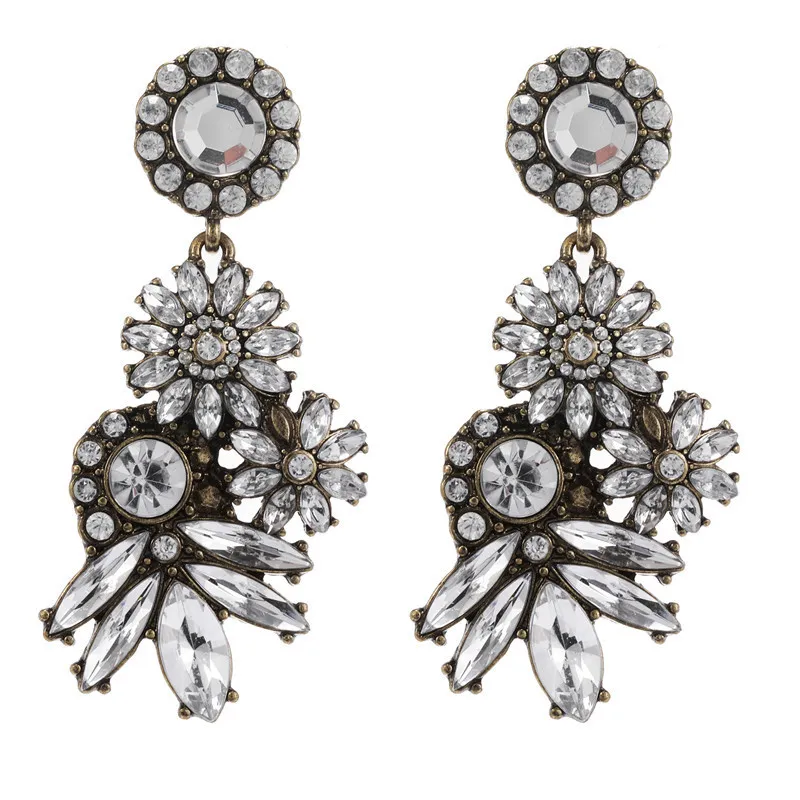Vintage Inlaid Crystal Drop Flower Pendant Earrings for Women