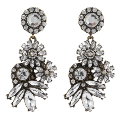 Vintage Inlaid Crystal Drop Flower Pendant Earrings for Women