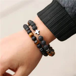 Frosted Volcanic Stone Cross Bracelet Set Unisex Crystal Round