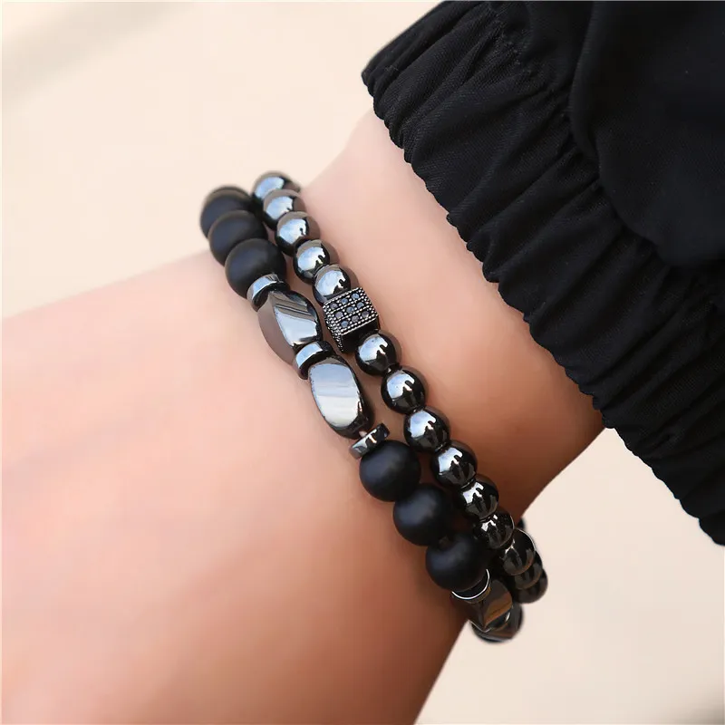 Natural Stone Micro Inlaid Zircon Dice Bracelet Set Unisex Round Crystal Jewelry