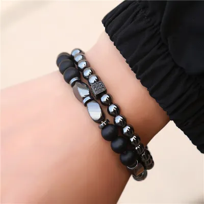 Natural Stone Micro Inlaid Zircon Dice Bracelet Set Unisex Round Crystal Jewelry