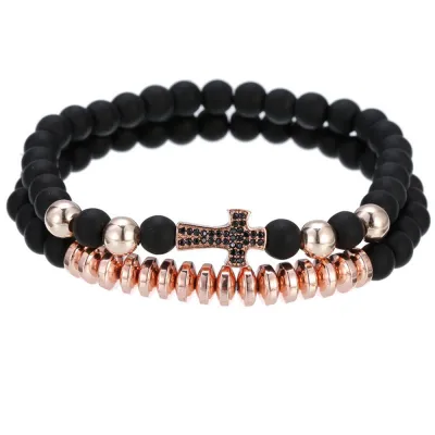 Frosted Copper Bead Micro Inlay Cross Bracelet Set