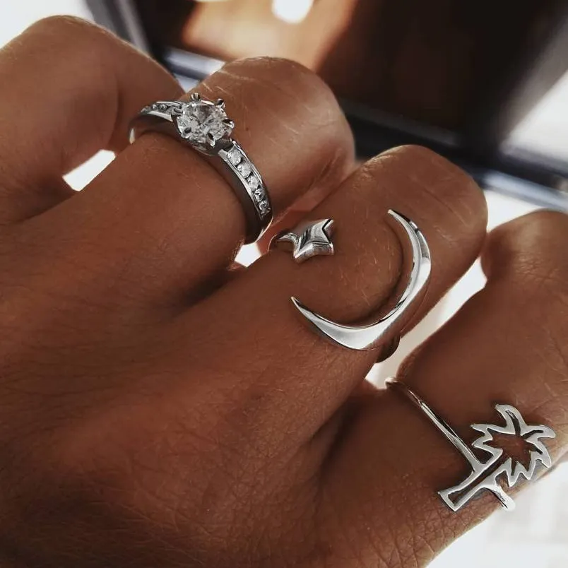 Moon Star Coconut Tree Alloy Ethnic Geometric Women's Ring Set