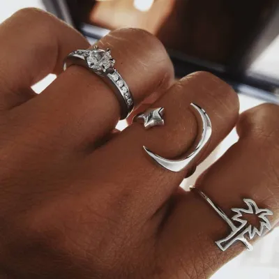 Moon Star Coconut Tree Alloy Ethnic Geometric Women's Ring Set