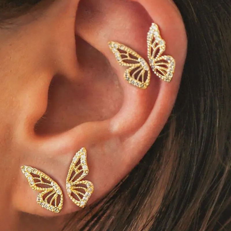 Delicate Butterfly Pattern Zircon Decor Stud Earrings Set for Women