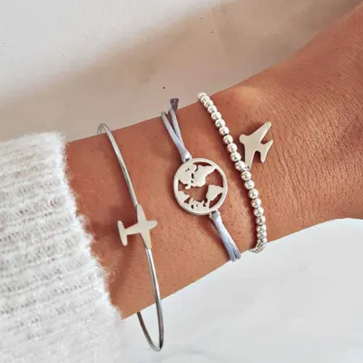 Airplane Map Beaded Bracelet Set 3 Piece Unisex Alloy Bracelet