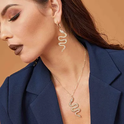 Creative Snake Shape Inlaid Drill Necklace Earrings Set for Women