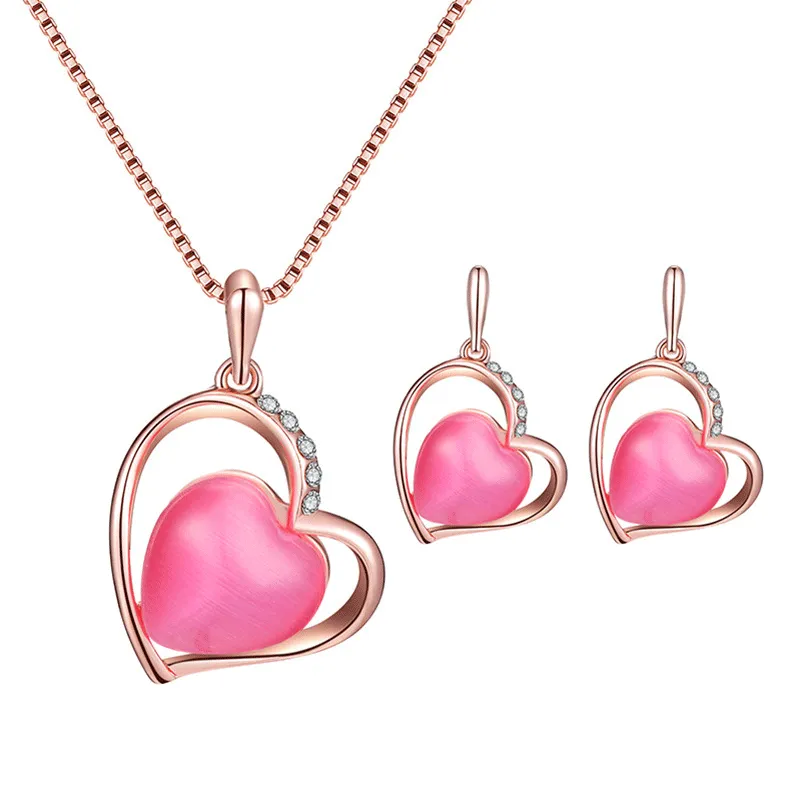 Heart Pendant Opal Earrings Necklace Set for Women Alloy Box Chain